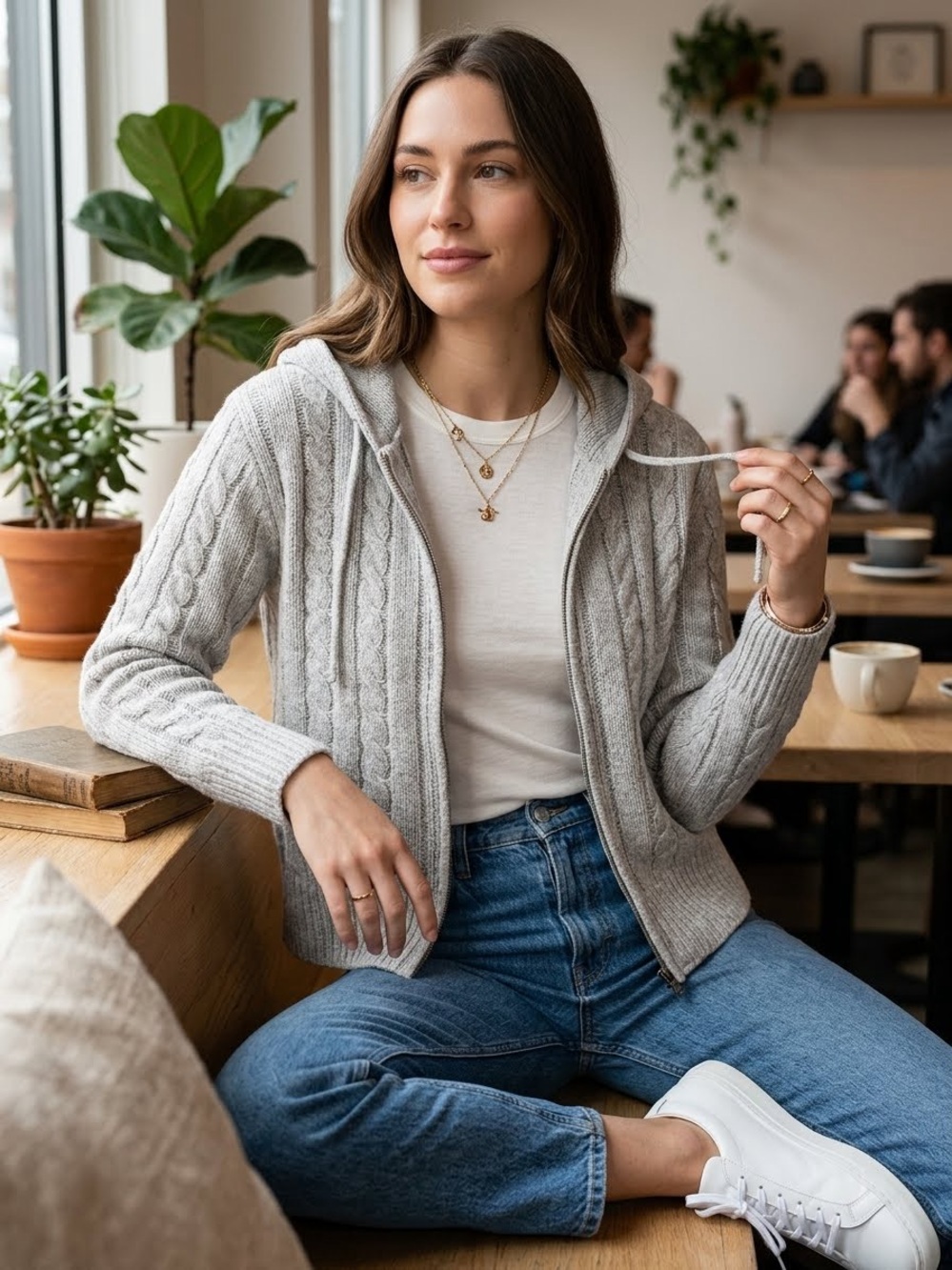 Hazel Moon Gray Cable Knit Zip Up Cropped Hoodie Sweater S